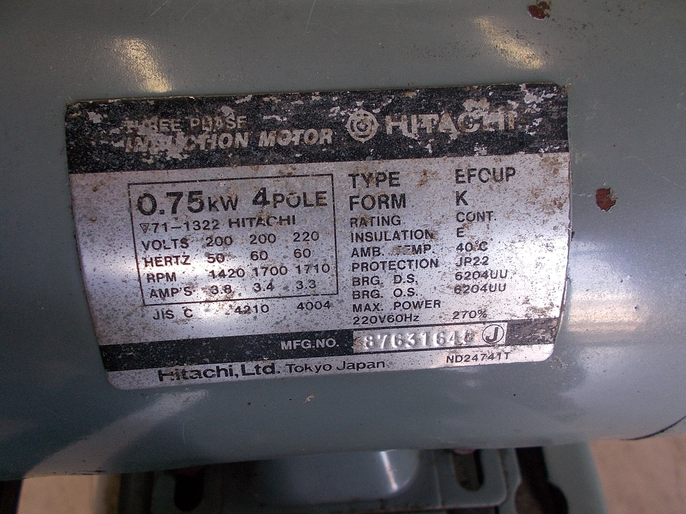 日立 中古 ベビコンコンプレッサー 0.75U-7V5 三相200V アンローダー式